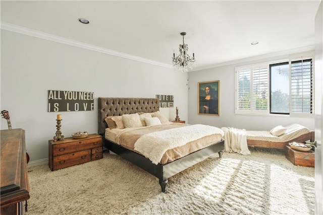 bedroom with crown molding, recessed lighting, baseboards, and a notable chandelier