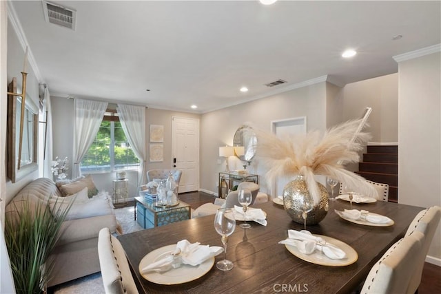 6239 Longmeadow St, Riverside, CA 92505 - dining area featuring ornamental molding, recessed lighting, and stairs