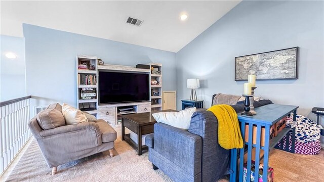 24939 Coral Canyon Rd, Corona, CA 92883 - living area featuring carpet floors, vaulted ceiling, and recessed lighting