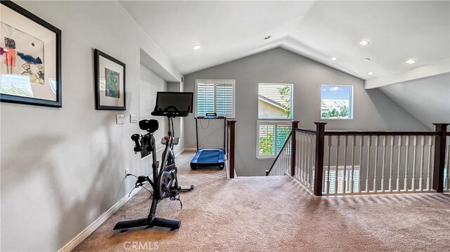 24939 Coral Canyon Rd, Corona, CA 92883 - exercise area featuring vaulted ceiling, carpet flooring, baseboards, and recessed lighting