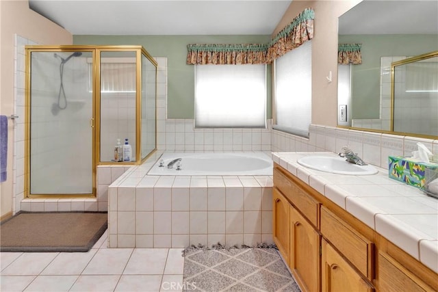 19804 Haida Rd, Apple Valley, CA 92307 - bathroom with vanity, tile patterned flooring, a stall shower, and a bath