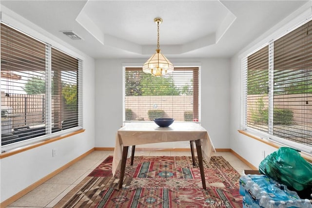 19804 Haida Rd, Apple Valley, CA 92307 - office space with visible vents, a raised ceiling, light tile patterned flooring, and a notable chandelier