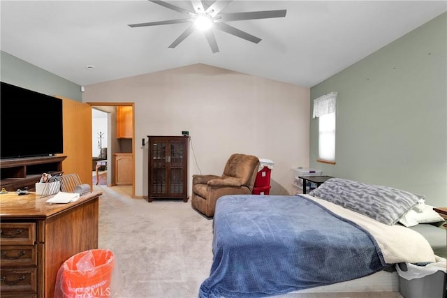 19804 Haida Rd, Apple Valley, CA 92307 - bedroom featuring ceiling fan, lofted ceiling, and light colored carpet