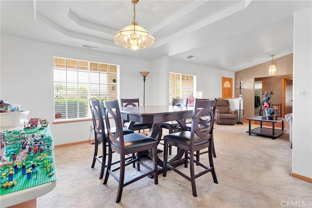 19804 Haida Rd, Apple Valley, CA 92307 - dining room with visible vents, light carpet, baseboards, a raised ceiling, and a chandelier