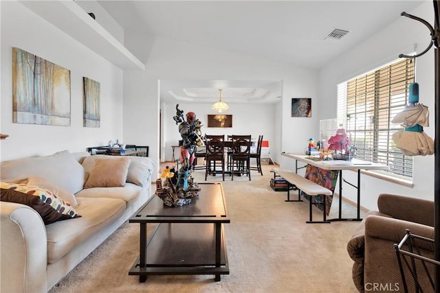 19804 Haida Rd, Apple Valley, CA 92307 - living area with carpet, vaulted ceiling, and visible vents