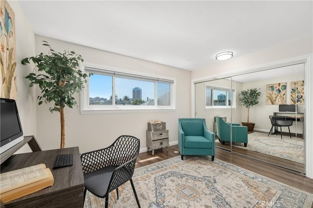 living area featuring a healthy amount of sunlight, baseboards, and wood finished floors