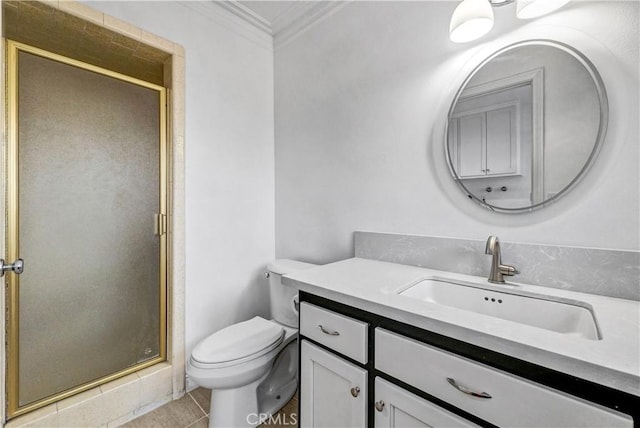full bathroom featuring crown molding, tile patterned flooring, vanity, toilet, and a stall shower