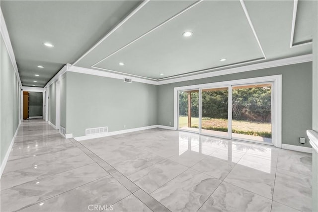 unfurnished room with baseboards, visible vents, ornamental molding, and marble finish floor