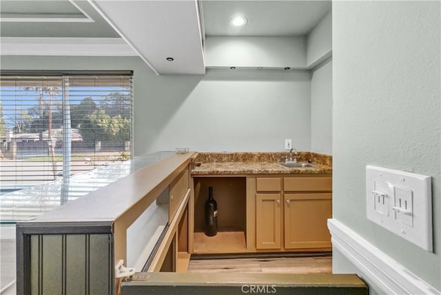 interior space featuring a sink, light wood finished floors, and wet bar