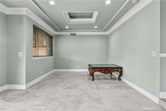 unfurnished room with crown molding, recessed lighting, visible vents, and attic access