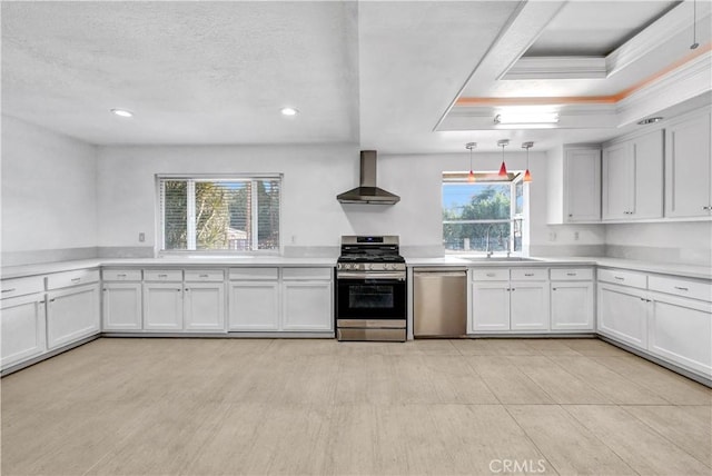 kitchen with ornamental molding, light countertops, wall chimney exhaust hood, a sink, and stainless steel appliances