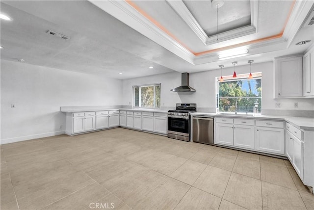 kitchen featuring wall chimney range hood, crown molding, a raised ceiling, stainless steel appliances, and recessed lighting