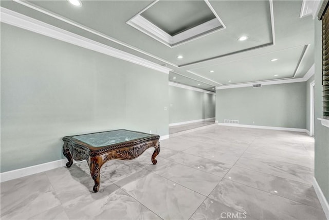 playroom featuring crown molding, recessed lighting, baseboards, a tray ceiling, and visible vents