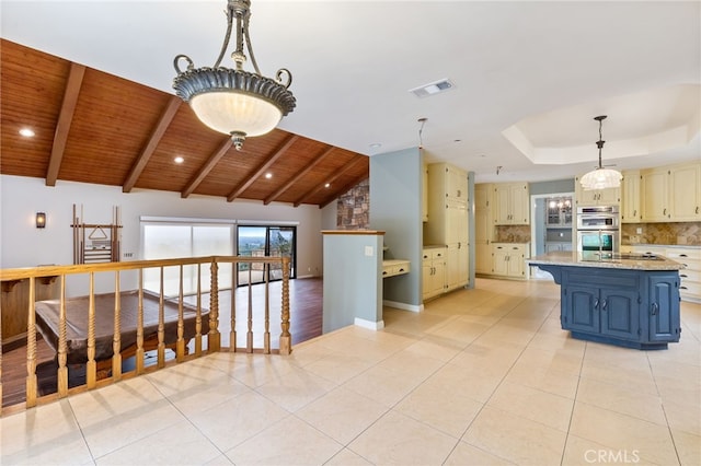 845 N Glendora Ave, Glendora, CA 91741 - kitchen with wood ceiling, decorative backsplash, stainless steel double oven, visible vents, and vaulted ceiling with beams
