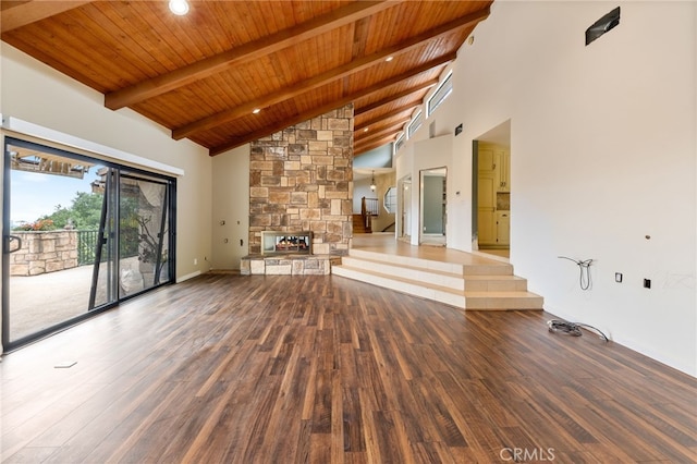 845 N Glendora Ave, Glendora, CA 91741 - unfurnished living room with beam ceiling, wood finished floors, high vaulted ceiling, wooden ceiling, and baseboards
