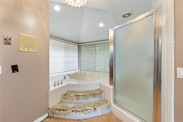 845 N Glendora Ave, Glendora, CA 91741 - full bath featuring lofted ceiling, recessed lighting, visible vents, a bath, and a shower stall