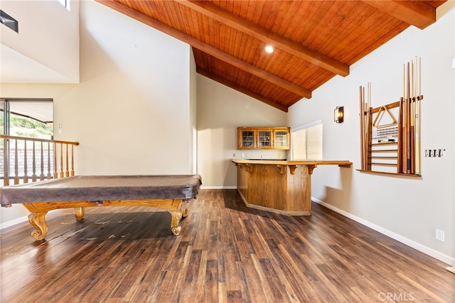845 N Glendora Ave, Glendora, CA 91741 - game room featuring beamed ceiling, dark wood finished floors, wood ceiling, pool table, and wet bar