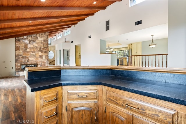 845 N Glendora Ave, Glendora, CA 91741 - kitchen with dark countertops, high vaulted ceiling, wooden ceiling, wood finished floors, and beamed ceiling