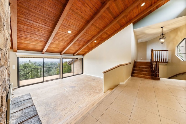 845 N Glendora Ave, Glendora, CA 91741 - unfurnished living room with wooden ceiling, a chandelier, lofted ceiling with beams, and stairway