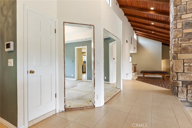 845 N Glendora Ave, Glendora, CA 91741 - corridor featuring light tile patterned flooring, baseboards, wooden ceiling, and vaulted ceiling with beams