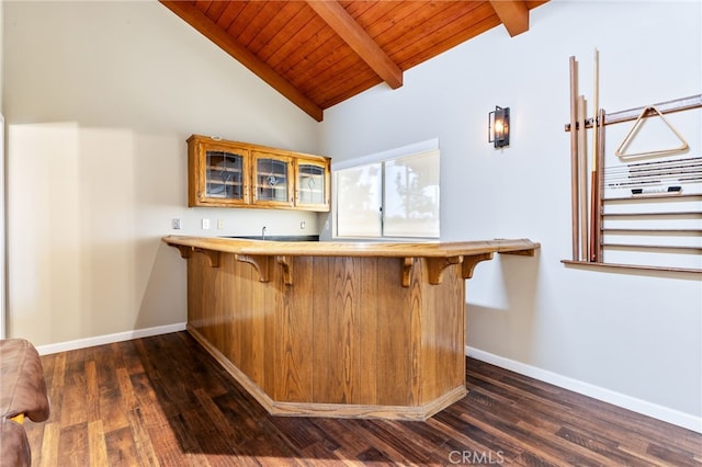 845 N Glendora Ave, Glendora, CA 91741 - bar featuring beam ceiling, baseboards, wet bar, dark wood-type flooring, and wood ceiling
