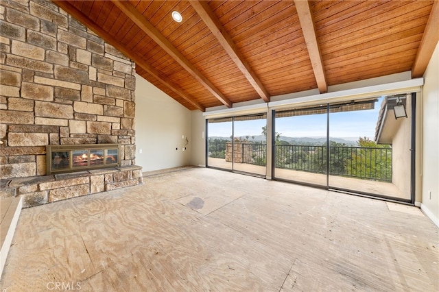 845 N Glendora Ave, Glendora, CA 91741 - unfurnished living room with beamed ceiling, high vaulted ceiling, wood ceiling, and a fireplace