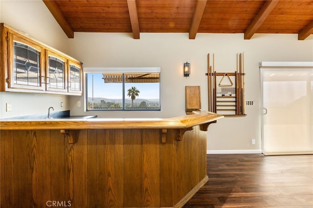 845 N Glendora Ave, Glendora, CA 91741 - bar with dark wood-type flooring, wet bar, baseboards, and wooden ceiling