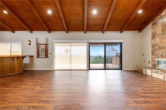 845 N Glendora Ave, Glendora, CA 91741 - unfurnished living room with baseboards, beam ceiling, wooden ceiling, and wood finished floors