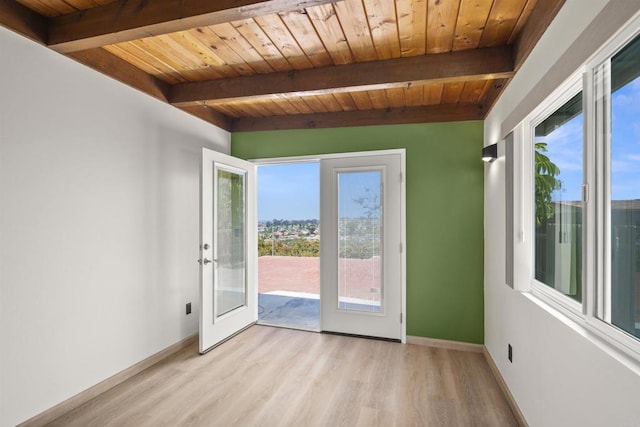 doorway featuring a healthy amount of sunlight, wooden ceiling, and beamed ceiling