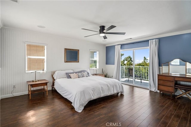 bedroom featuring access to outside, ornamental molding, visible vents, and hardwood / wood-style flooring