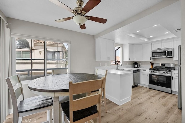 18114 Erik Ct Unit 5131, Canyon Country, CA 91387 - kitchen featuring appliances with stainless steel finishes, a tray ceiling, white cabinets, light wood-style flooring, and recessed lighting