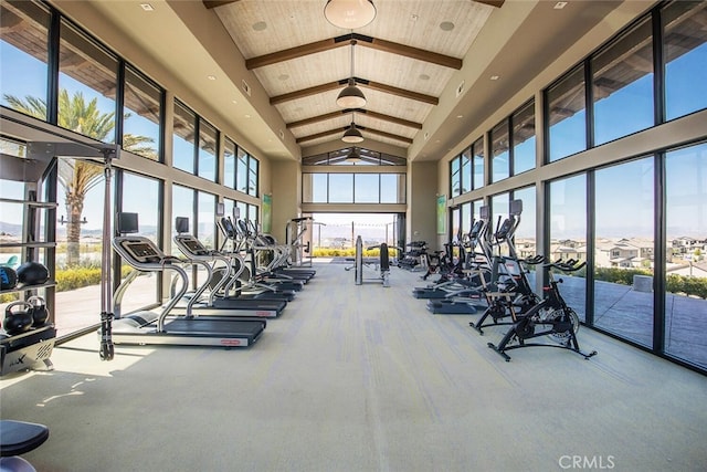 18147 Jupiter Ln, Saugus, CA 91350 - gym featuring high vaulted ceiling, wood ceiling with exposed beams, and carpet flooring