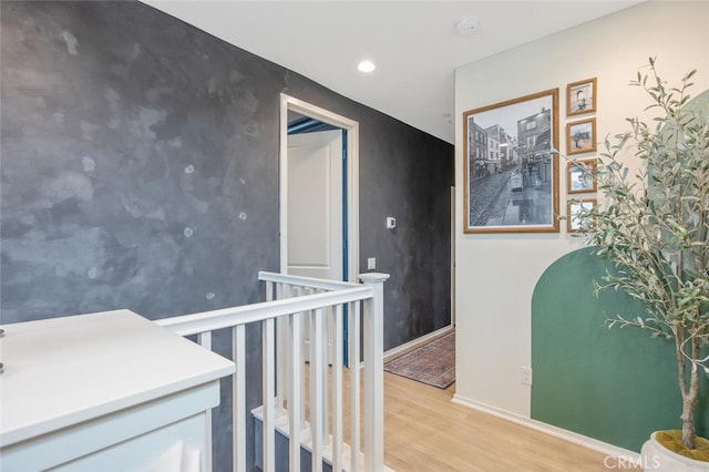 18147 Jupiter Ln, Saugus, CA 91350 - hall with an upstairs landing, light wood-type flooring, baseboards, and recessed lighting