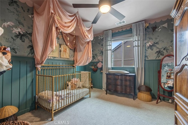 18147 Jupiter Ln, Saugus, CA 91350 - carpeted bedroom featuring wallpapered walls, a wainscoted wall, and a decorative wall
