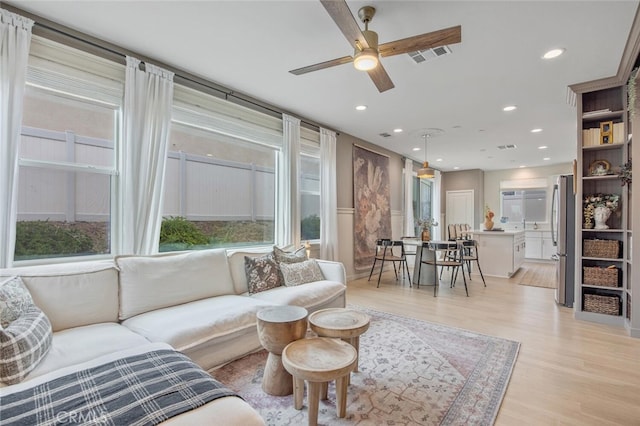 18147 Jupiter Ln, Saugus, CA 91350 - living room featuring ceiling fan, light wood-style floors, and recessed lighting