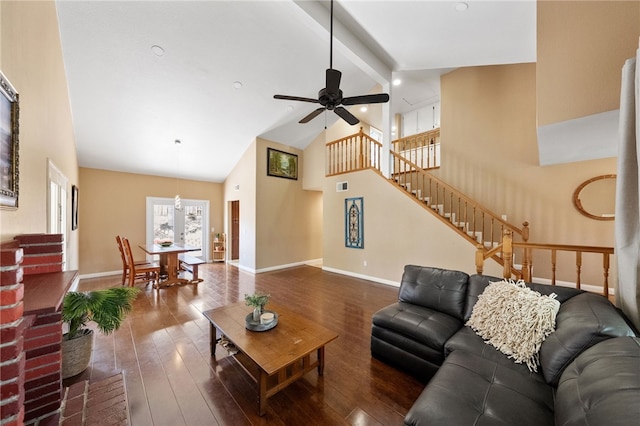 45628 Gleneagles Ct, Temecula, CA 92592 - living room featuring high vaulted ceiling, a ceiling fan, baseboards, beamed ceiling, and hardwood / wood-style flooring