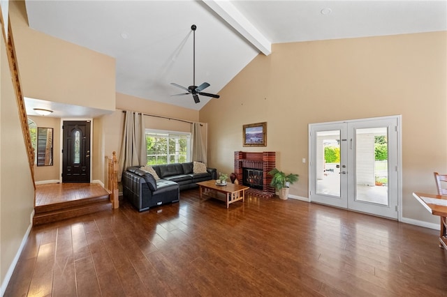 45628 Gleneagles Ct, Temecula, CA 92592 - living room featuring baseboards, high vaulted ceiling, beam ceiling, and dark wood-type flooring