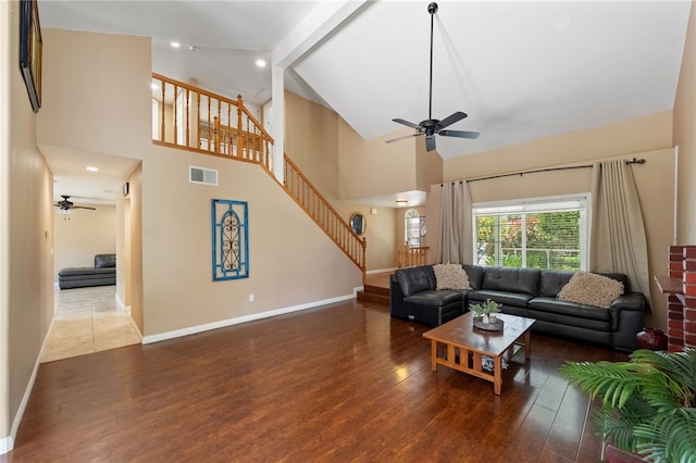 45628 Gleneagles Ct, Temecula, CA 92592 - living room with ceiling fan, visible vents, wood finished floors, and stairway
