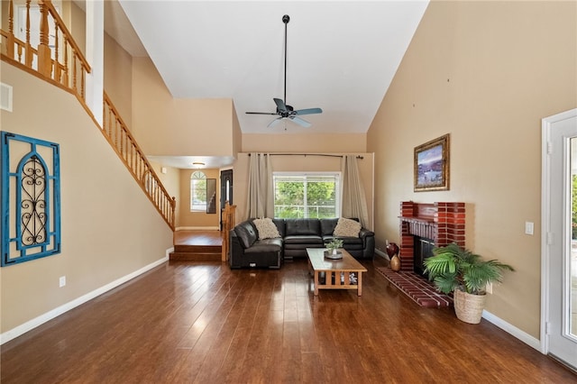 45628 Gleneagles Ct, Temecula, CA 92592 - living room with baseboards, ceiling fan, stairway, high vaulted ceiling, and hardwood / wood-style flooring