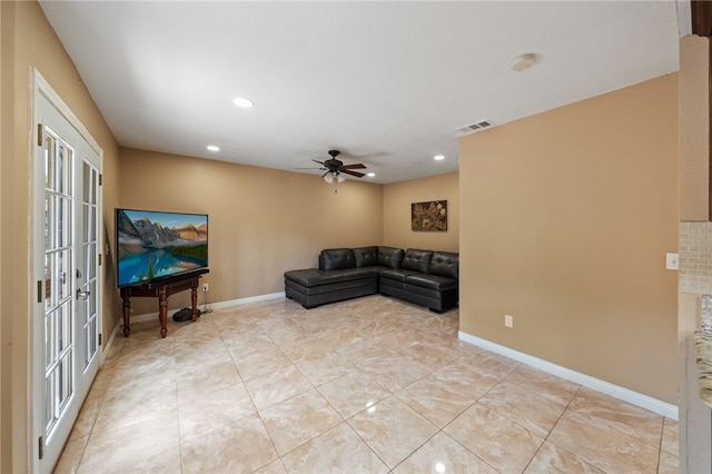 45628 Gleneagles Ct, Temecula, CA 92592 - living room featuring light tile patterned floors, a ceiling fan, recessed lighting, and visible vents