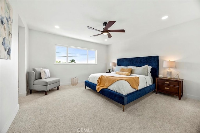 carpeted bedroom with recessed lighting, baseboards, and a ceiling fan