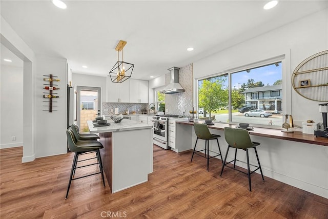 kitchen with recessed lighting, white cabinetry, backsplash, and high end stainless steel range