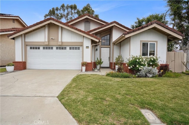 view of front of house featuring an attached garage, a tile roof, brick siding, a front yard, and concrete driveway