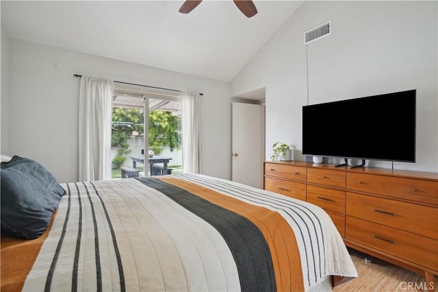bedroom featuring a ceiling fan, access to exterior, visible vents, high vaulted ceiling, and light wood finished floors