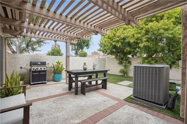 view of patio / terrace featuring grilling area, outdoor dining area, central AC, a fenced backyard, and a pergola