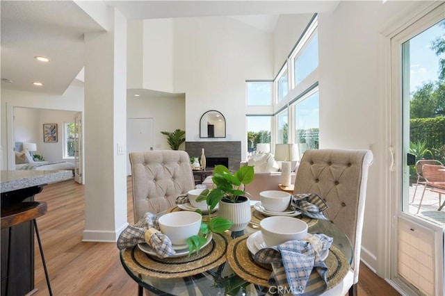 dining area featuring a fireplace, plenty of natural light, and wood finished floors