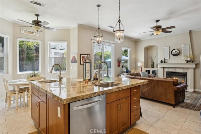 1042 Sleepy Hollow Rd, Paso Robles, CA 93446 - kitchen featuring a sink, dishwasher, ceiling fan, and ornamental molding