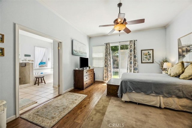 1042 Sleepy Hollow Rd, Paso Robles, CA 93446 - bedroom featuring ornamental molding, wood finished floors, baseboards, access to exterior, and ceiling fan