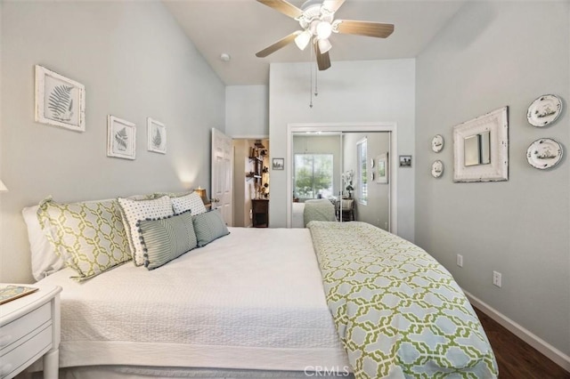 1042 Sleepy Hollow Rd, Paso Robles, CA 93446 - bedroom with wood finished floors, baseboards, ceiling fan, a closet, and high vaulted ceiling