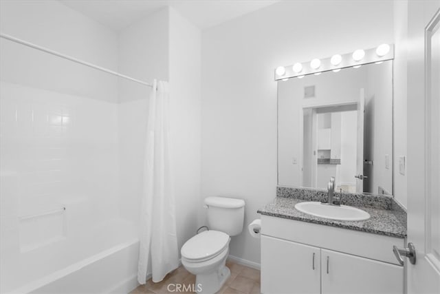 full bath with toilet, shower / bath combination with curtain, tile patterned flooring, and vanity